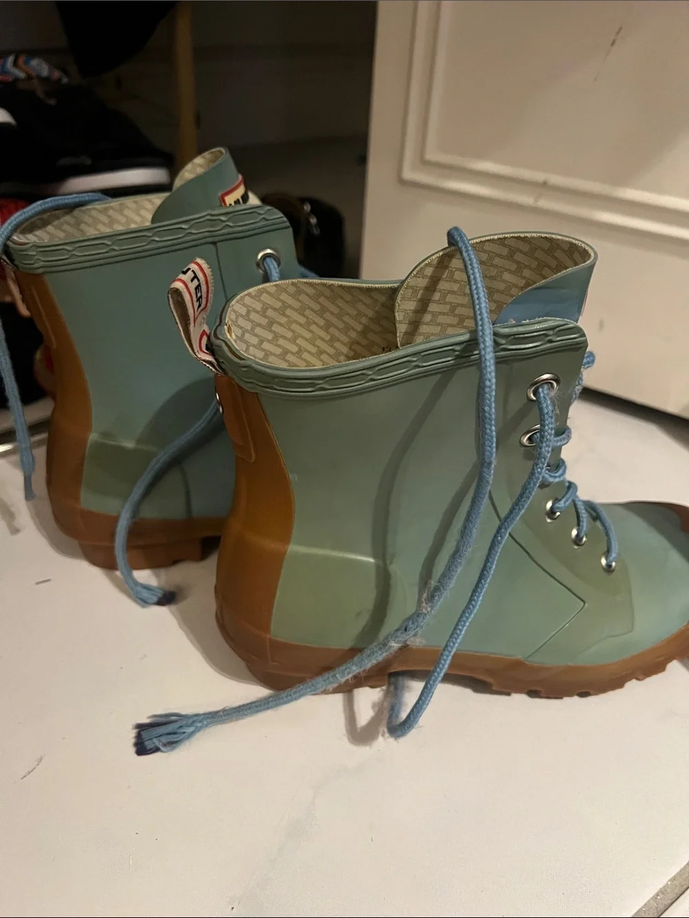 Hunter Two-Tone Lace-Up Rain Boots in Seafoam Green and Brown - Picture 5 of 6